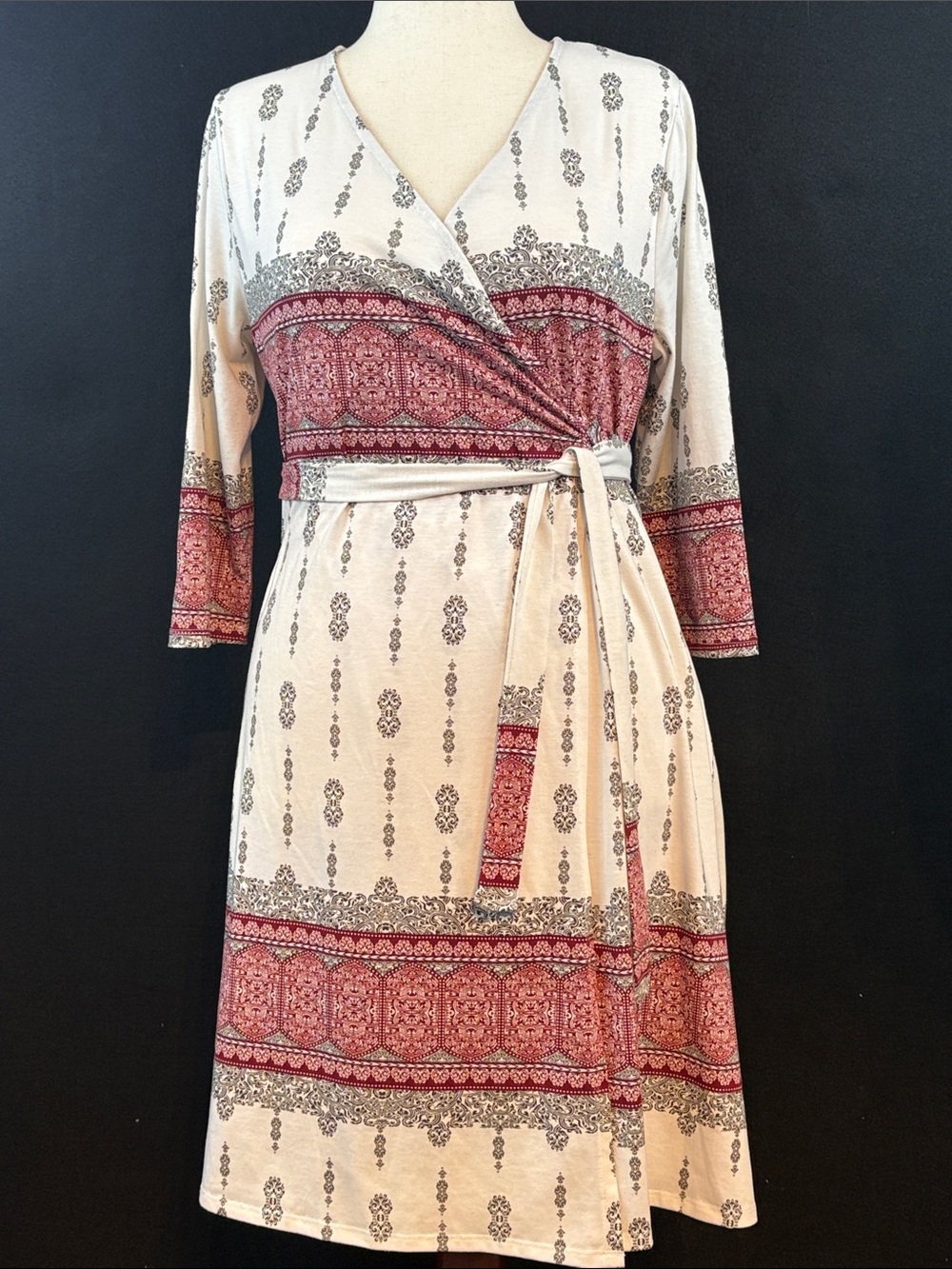 LuLaRoe Beige and Red Patterned Midi Wrap Dress Medium